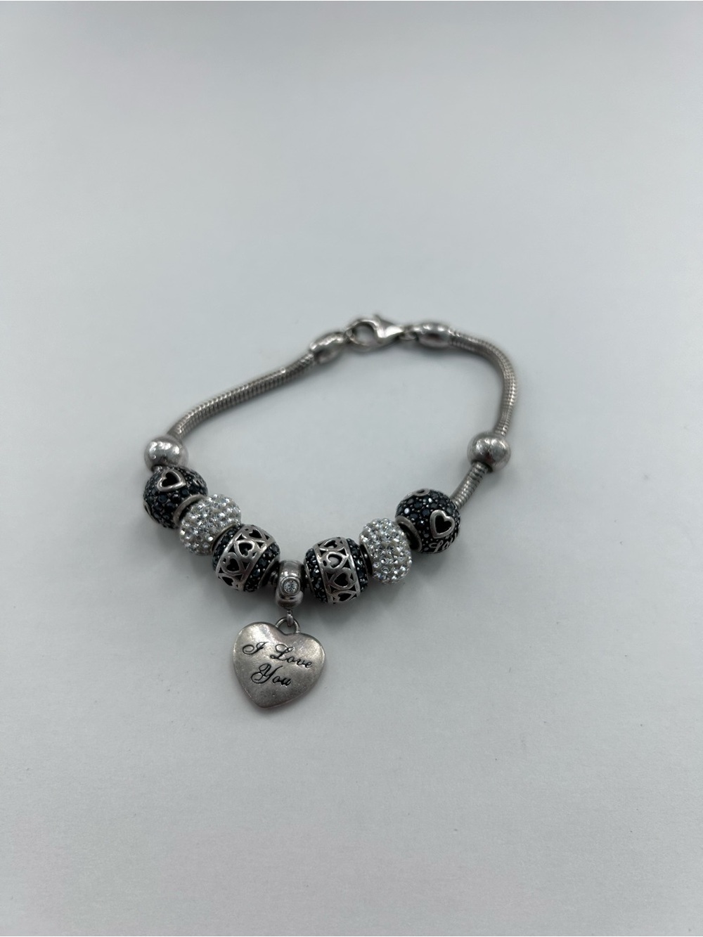 Silver Heart Charm Bead Bracelet - I Love You